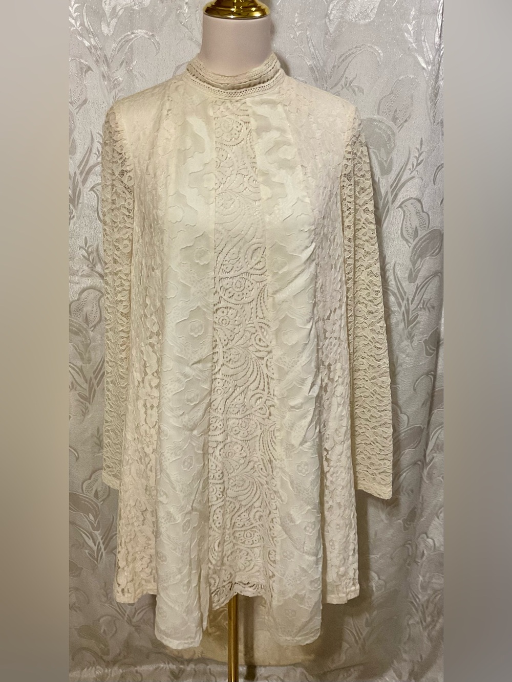 Anthropologie HD in Paris Enid Lace High Neck  Long Sleeve Swing Dress Ivory